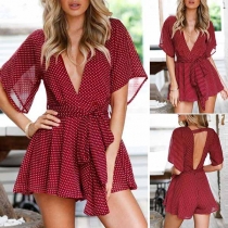 Fashion Deep V-neck with Waistband Backless Wave Points Short Sleeve Jumpsuit 