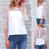 Sexy Round-neck Lace Spliced Embroidered Hollow Out Single-breasted Shirt