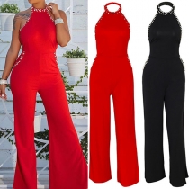 Sexy Solid Color Pearls Backless Sleeveless Slim Fit Jumpsuit
