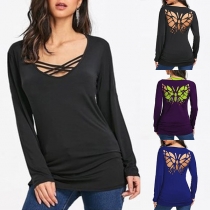 Sexy Butterfly-shaped Hollow Out Long Sleeve Solid Color T-shirt