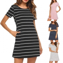 Sexy Crossover Backless Short Sleeve Round Neck Striped Dress