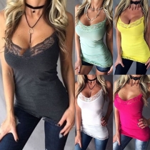 Fashion Solid Color Lace Spliced Sling Top 