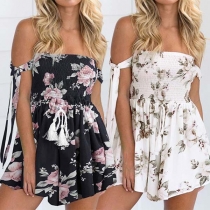 Sexy Off-shoulder Boat Neck High Waist Printed Romper 