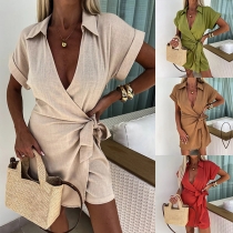 Fashion Stand Collar V-neck Short Sleeve Self-tie Wrap Romper