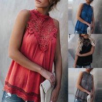 Fashion Solid Color Sleeveless Round Neck Lace Spliced Top 
