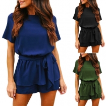 Fashion Solid Color Short Sleeve Round Neck Two Pieces Set