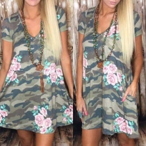 Fashion Camouflage Printed Short Sleeve V-neck Dress