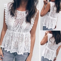 Sexy Sleeveless Round Neck See-through Lace Top 