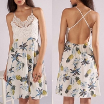 Sexy Backless V-neck Lace Sppliced Sling Printed Dress