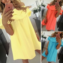 Sexy Ruffle Boat Neck Solid Color Loose Dress