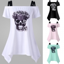 Sexy Off-shoulder Irregular Hem Skull Head Printed Sling T-shirt 