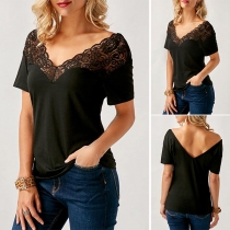 Sexy Lace Spliced V-neck Short Sleeve Solid Color T-shirt 