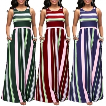 Fashion Sleeveless Round Neck High Waist Striped Dress