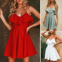 Sexy Backless V-neck Solid Color Ruffle Sling Dress