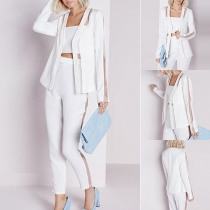 OL Style Gauze Spliced Long Sleeve Blazer + High Waist Pants Two-piece Set 