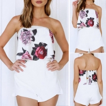Sexy Straless Printed Crop Top + High Waist Shorts Two-piece Set 