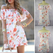 Sexy Off-shoulder Ruffle Boat Neck Printed Dress