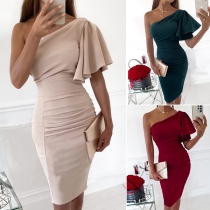 Sexy One-shoulder Solid Color Slim Fit Ruffle Dress