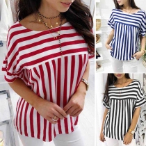 Fashion Short Sleeve Round Neck Loose Striped Top 