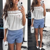 Sexy Lace Spliced Boat Neck Short Sleeve Solid Color Top 