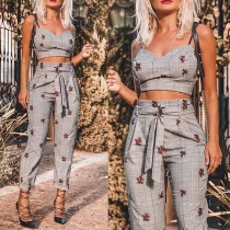 Sexy Backless Printed Sling Crop Top + High Waist Pants Two-piece Set 