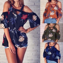 Sexy Off-shoulder Short Sleeve V-neck Printed Top 
