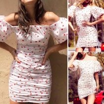 Sexy Off-shoulder Boat Neck Puff Sleeve Heart Printed Dress