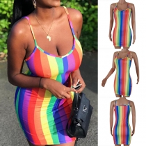 Sexy Backless Slim Fit Sling Rainbow Dress