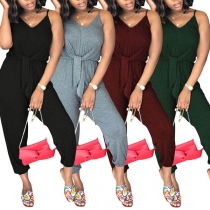 Sexy Backless V-neck Solid Color Sling Jumpsuit