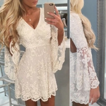 Sexy V-neck Trumpet Sleeve High Waist Lace Dress