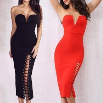 Sexy Strapless Lace-up Slit Hem Slim Fit Party Dress