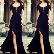 Sexy Off-shoulder Slit Hem High Waist Solid Color Chiffon Party Dress