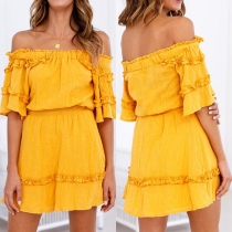 Sexy Off-shoulder Boat Neck Short Sleeve Solid Color Dress