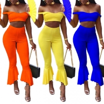 Sexy Off-shoulder Crop Top + High Waist Flared Pants Two-piece Set 