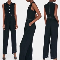 Fashion Sleeveless POLO Collar High Waist Jumpsuit 