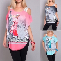 Sexy Off-shoulder Cartoon Printed Irregular Hem T-shirt 