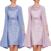 Fashion Floral Embroidered Sleeveless Dress+3/4 Sleeve Solid Color Sheer Mesh Cardigan Two-pieces Set