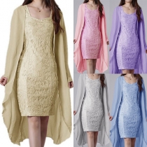 Fashion Floral Embroidered Sleeveless Dress+3/4 Sleeve Solid Color Sheer Mesh Cardigan Two-pieces Set