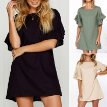 Sweet Round-neck Solid Color Trumpet Sleeve Slim Fit Dress
