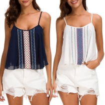 Sexy Striped Floral Embroidered Swing Chiffon Cami Top