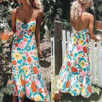 Sexy Backless V-neck Ruffle Hem Printed Sling Dress