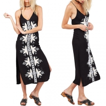 Bohemian Style V-neck Slim Hem Sling Printed Dress