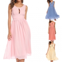 Sexy Backless Sleeveless High Waist Solid Color Chiffon Dress