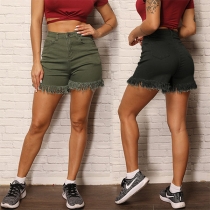 Fashion Solid Color High Waist Frayed Hem Shorts 