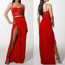 Sexy Backless Cami Top + High Waist Slit Hem Wide-leg Pants Two-piece Set