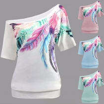 Sexy Oblique Shoulder Short Sleeve Feather Printed T-shirt 
