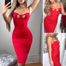 Sexy Backless Hollow Out Solid Color Slim Fit Sling Dress