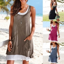 Fashion Contrast Color Sleeveless Round Neck Two-piece Dress