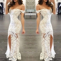 Sexy Off-shoulder Boat Neck Slit Hem Lace Party Dress
