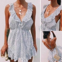 Sexy Backless V-neck Ruffle Printed Romper